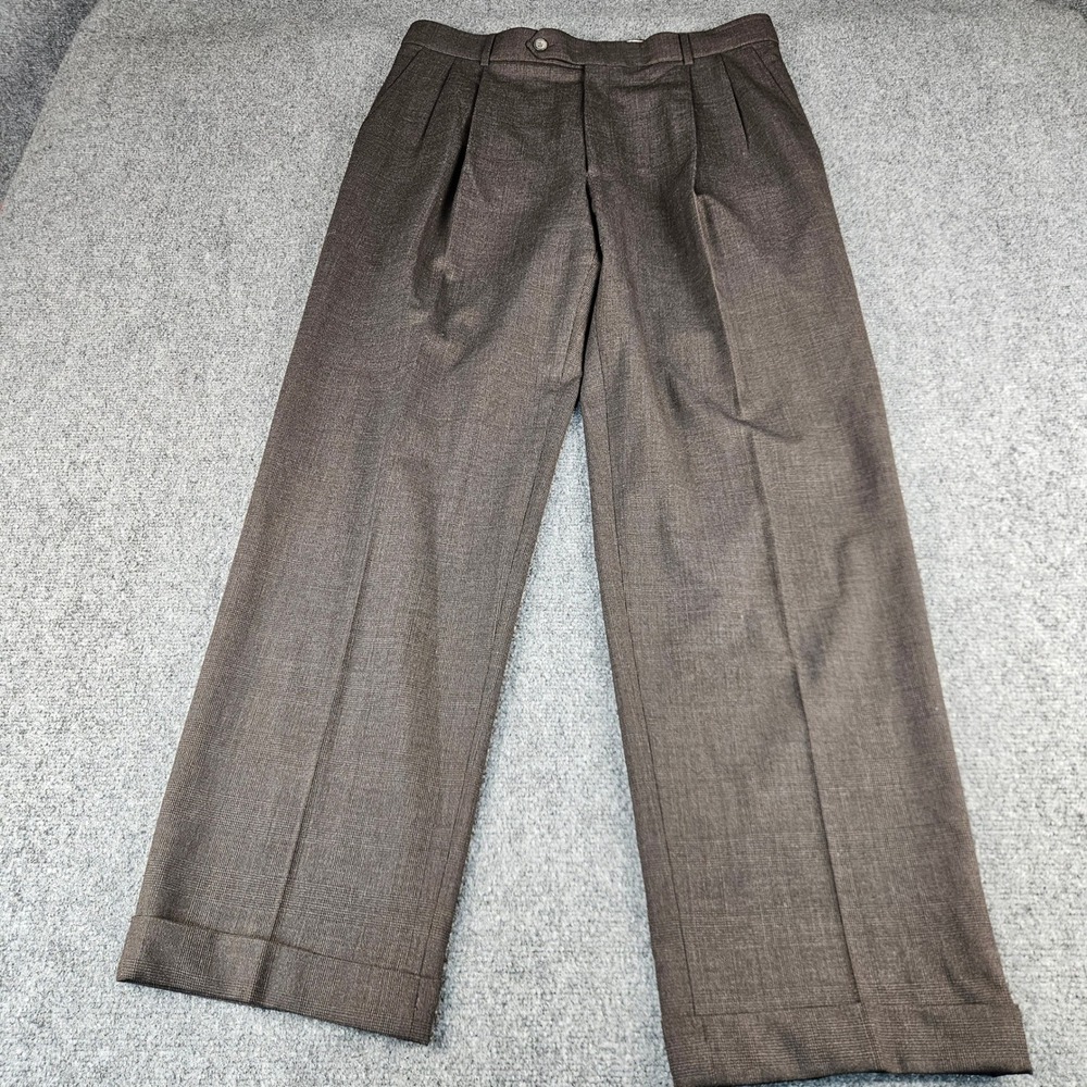 Ballin Classic Comfort-EZE Mens Brown Glen Check Wool Pleated Cuffed Pants 36x30